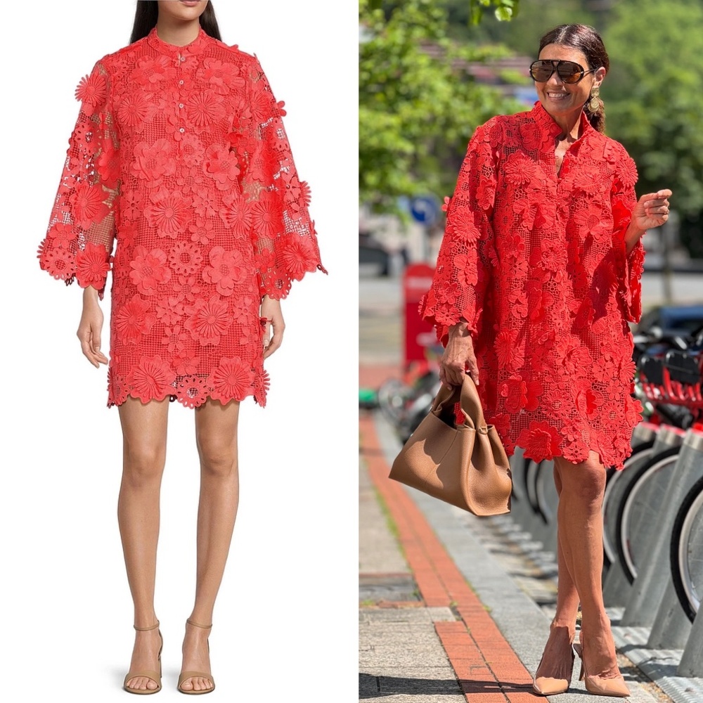 NWT J.Marie Seraphina Floral 3D Lace Split Round Button Up Neck Shift Dress Sz L